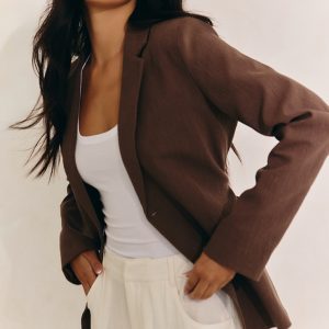 Mocha Linen Look Tie Waist Blazer