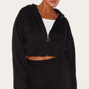 Plus Black Zip Up Cargo Crop Hoodie