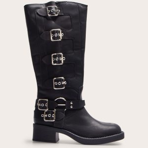 Black Pu Round Toe Multi Buckle Harness Knee High Boots