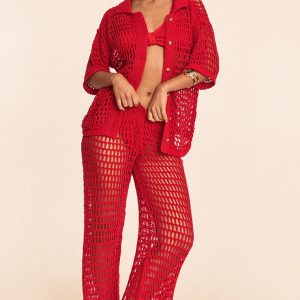 Red Crochet Beach Wide Leg Trousers