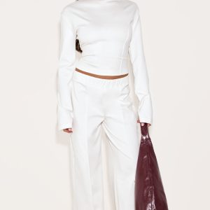 Cream Stretch Pin Tuck Mid Rise Wide Leg Trousers