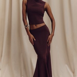 Dark Plum Chiffon Fishtail Maxi Skirt