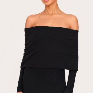 Black Cotton Super Oversized Bardot Mini Dress