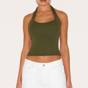 Olive Rib Knit  Halterneck Top