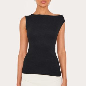Black Textured Rib Bardot Long Top - Black, 4