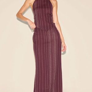 Dark Brown Embroidered Stripe Maxi Skirt