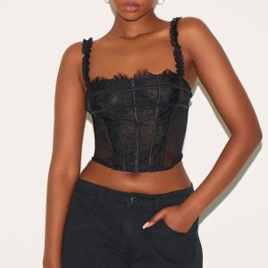 Black Mesh Lace Panel Curved Hem Corset