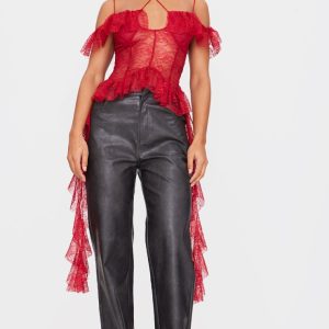 Wine Lace Ruffle Halterneck Long Top
