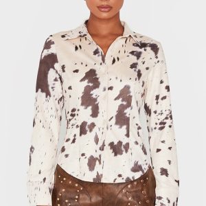 Beige Faux Suede Cow Print Fitted Shirt