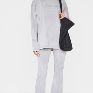 PRETTYLITTLETHING Light Grey Embossed Logo Washed Skinny Flare Trousers