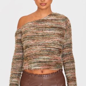 Petite Khaki Textured Stripe Asymmetric Top