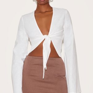 White Lightweight Woven Knot Front Drape Detail Blouse
