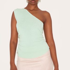 Mint Green Fine Knit One Shoulder Ruched Side Top