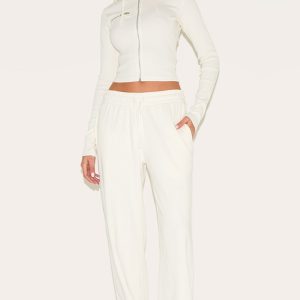 Cream Wide Leg Ribbed Trousers