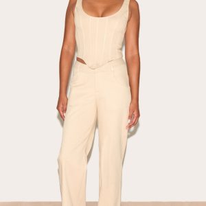 Cream Twill Dipped Waistband Straight Leg Trousers