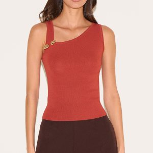 Rust Fine Knit Gold Trim Asymmetric Neckline Top