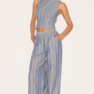 Tall Blue Linen Look Striped Wide Leg Trousers