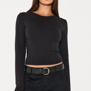 Black Interlock Long Sleeve Top - Black, M