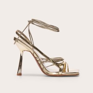 Gold Pu Square Toe Asymmetric Strappy Lace Up High Heel Sandals