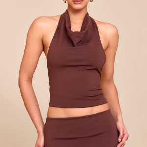 Chocolate Brown Matte Sculpt Halterneck Gold Detail Backless Top