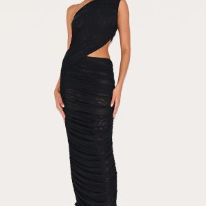 Black One Shoulder Ruched Maxi Dress