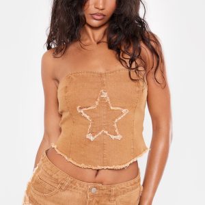 Washed Brown Star Applique Stretch Corset Top