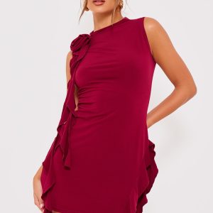 Cherry Red Rose Detail Ruffle Bodycon Dress
