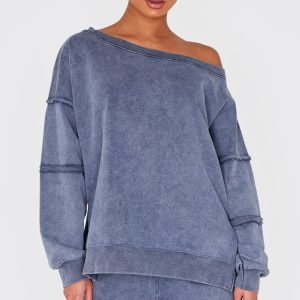Blue Grey Washed Off The Shoulder Frayed Seam Detail Sweatshirt