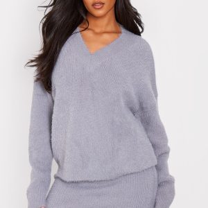Tall Grey Marl Fluffy Knitted V Neck Jumper