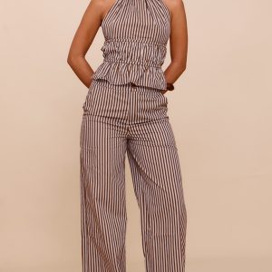 Brown Stripe Woven Mid Rise Wide Leg Trouser