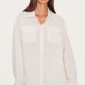 Stone Striped Linen Pocket Detail Oversized Shirt