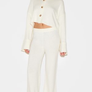 Cream Turn Up Hem Knit Trousers