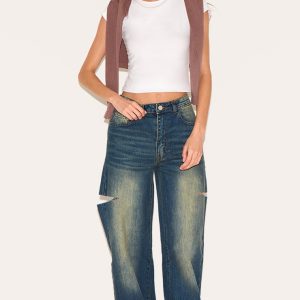 Vintage Wash Thigh Split Detail Wide Leg Jeans