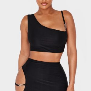 Shape Black Slinky One Shoulder Strap Detail Crop Top