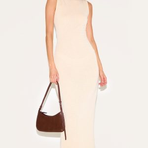 Almond Textured Boat Neck Sleeveless Maxi Dress