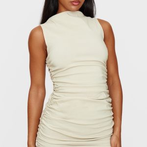 Stone High Neck Ruched Bodycon Dress