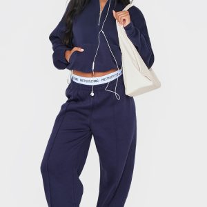 Blue Grey Seam Detail Wide Leg Joggers