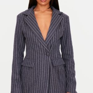 Navy Brushed Woven Pinstripe Cinched Waist Blazer Dress