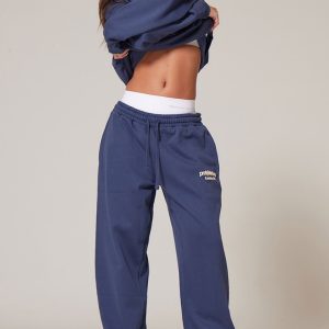 PRETTYLITTLETHING Navy Premium Print Straight Leg Joggers
