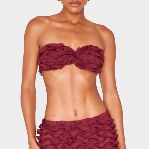 Burgundy Chiffon Ruffle Bandeau Top
