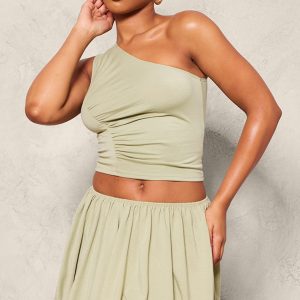 Sage Jersey Ruched Detail One Shoulder Top