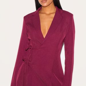 Tall Burgundy Tie Front Detail Cinched Blazer Dress