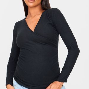 Maternity Black Brushed Rib Ruched Top