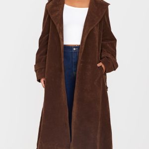 Plus Chocolate Faux Suede Belted Trench Coat