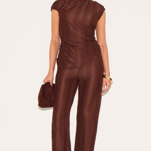 Petite Chocolate Textured Elasticated Wide Leg Trousers