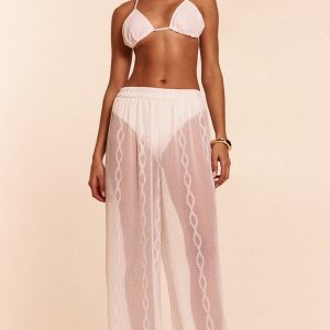 White Textured Chiffon Triangle Beach Top And Trouser Set