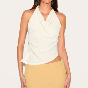 Cream Textured Cowl Neck Asymmetric Hem Long Top