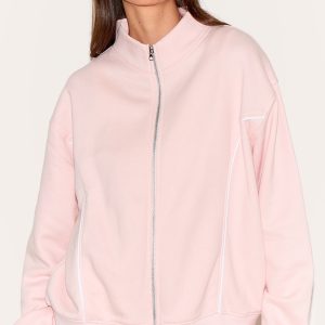 Baby Pink Contrast Seam Zip Through Sweatshirt