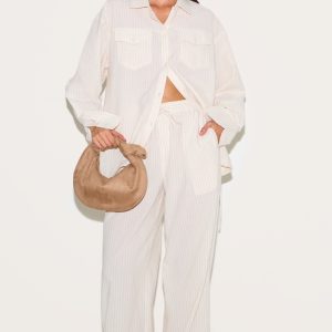 Stone Striped Linen Drawstring Wide Leg Trousers