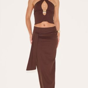 Tall Chocolate Woven Drape Detail Midaxi Skirt